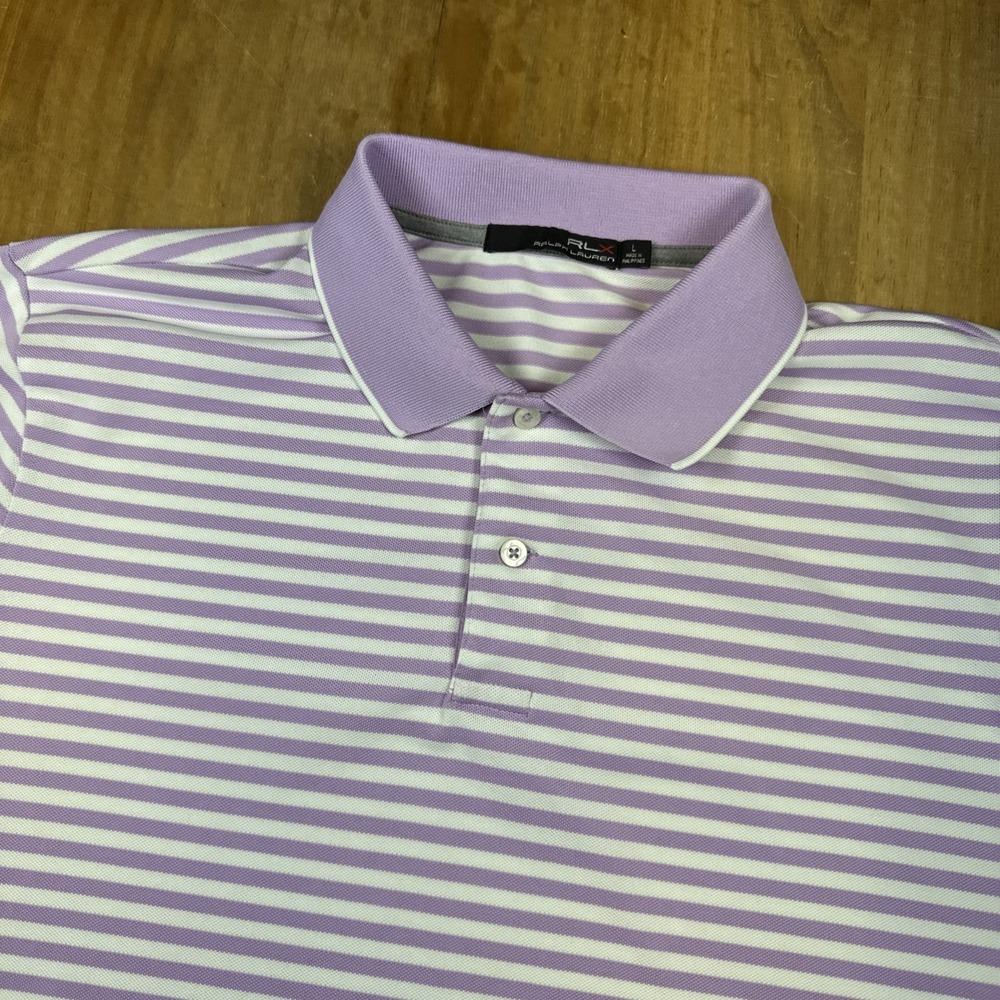 RLX Ralph Lauren Short Sleeve Golf Polo Shirt Men's L Purple Striped Lightweight